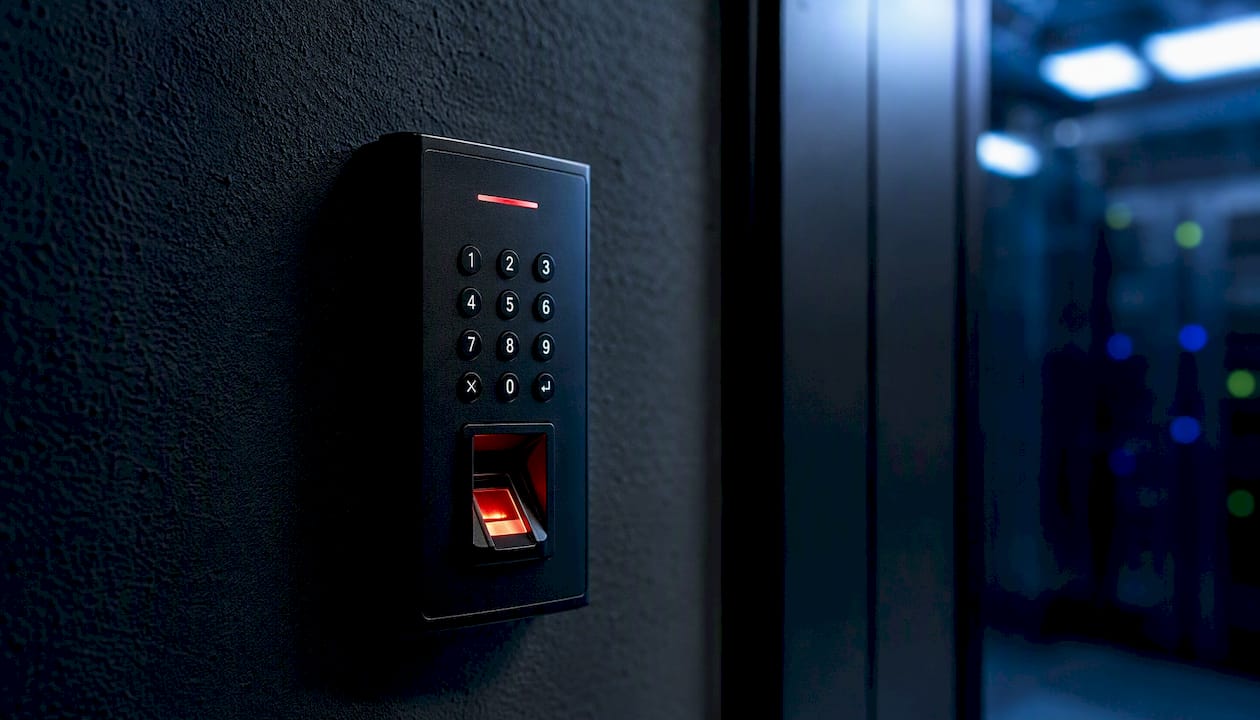 Panneau de contrôle biométrique installé sur une porte sécurisée