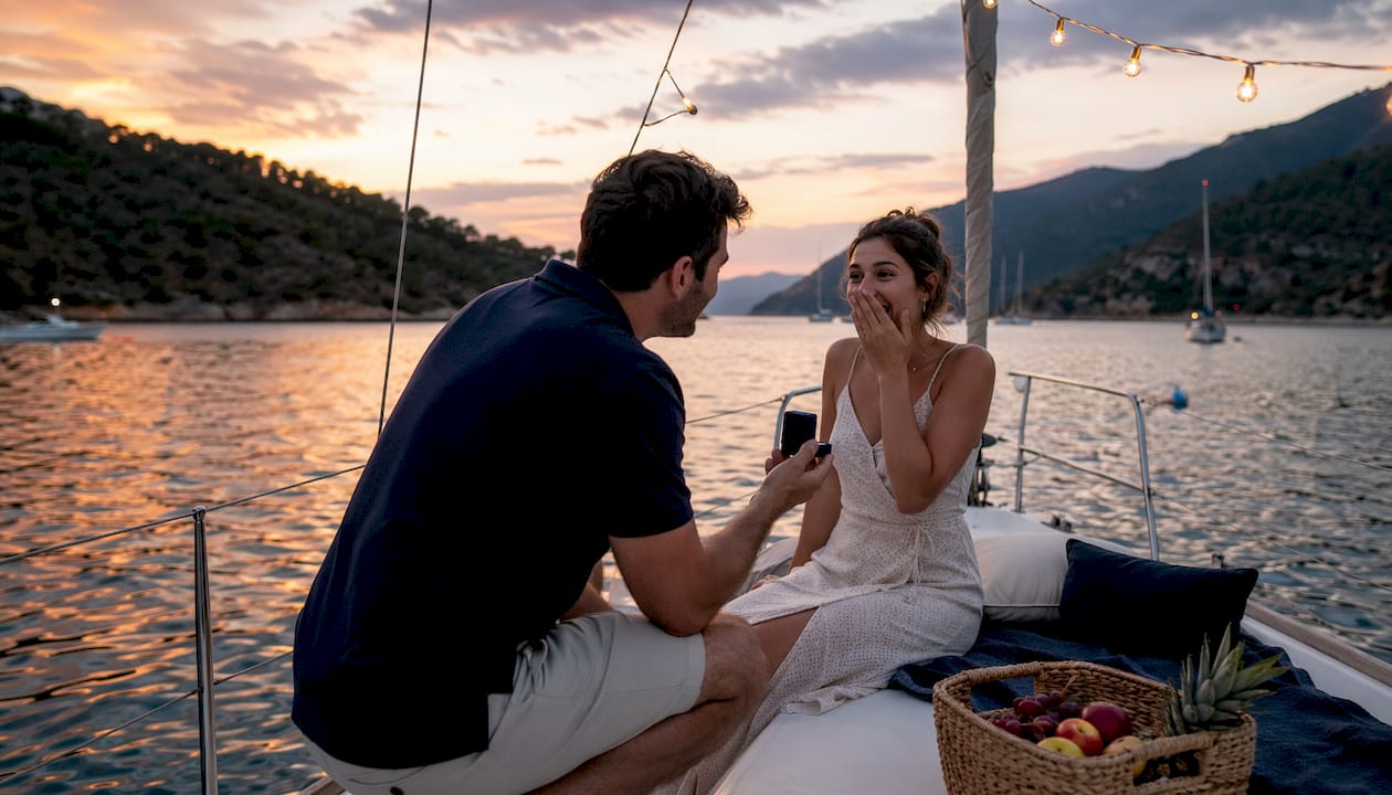 Couple engaged on boat at sunset
