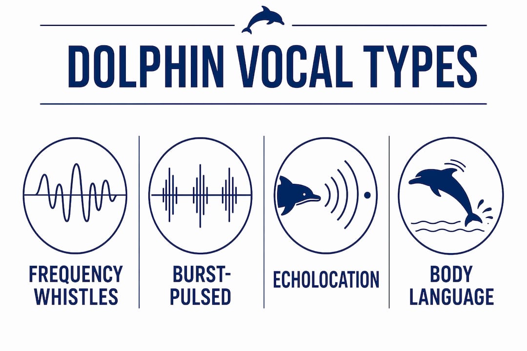 Infographic illustrating dolphin vocalization types