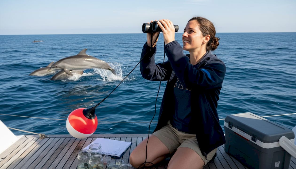 Marine biologist deploying hydrophone near dolphins