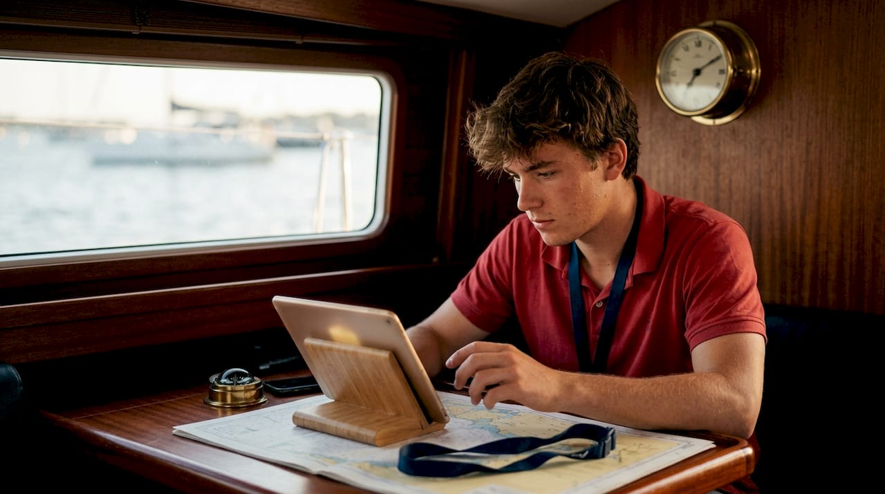Captain reviewing tablet in boat cabin navigation area