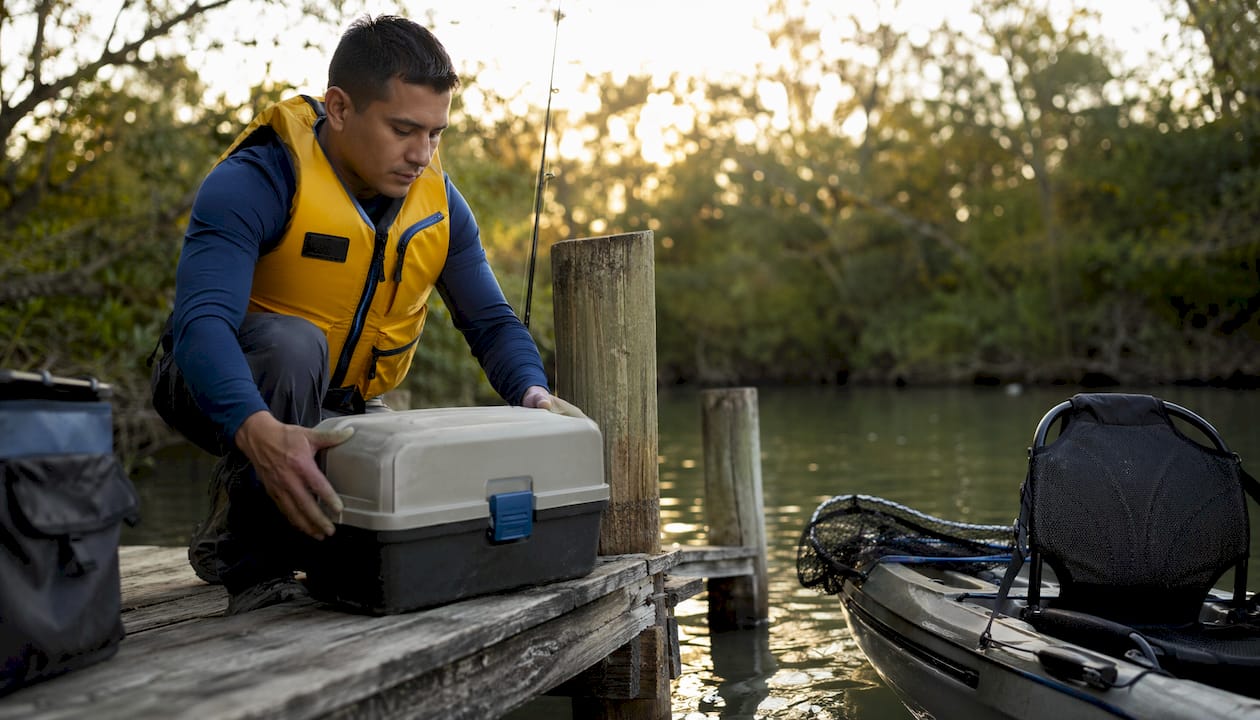 Man in near-shore buoyant vest preparing fishing gear
