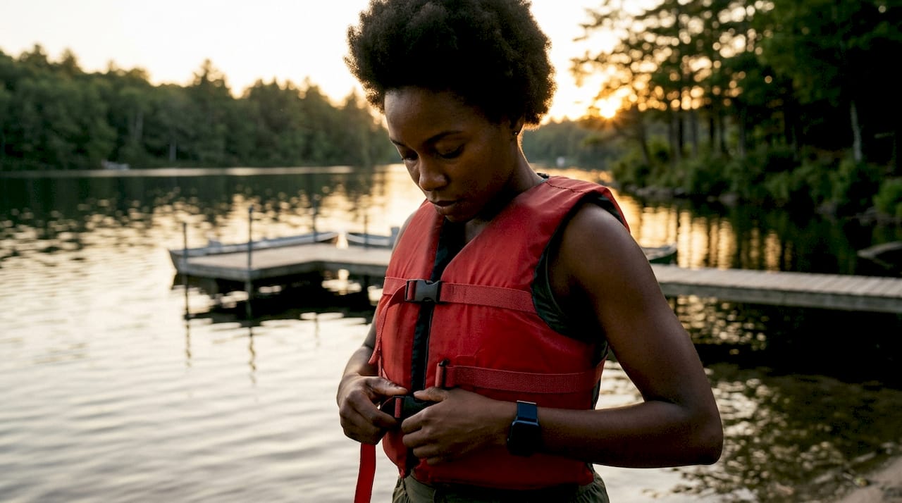 Woman checking proper fit of life jacket indoors