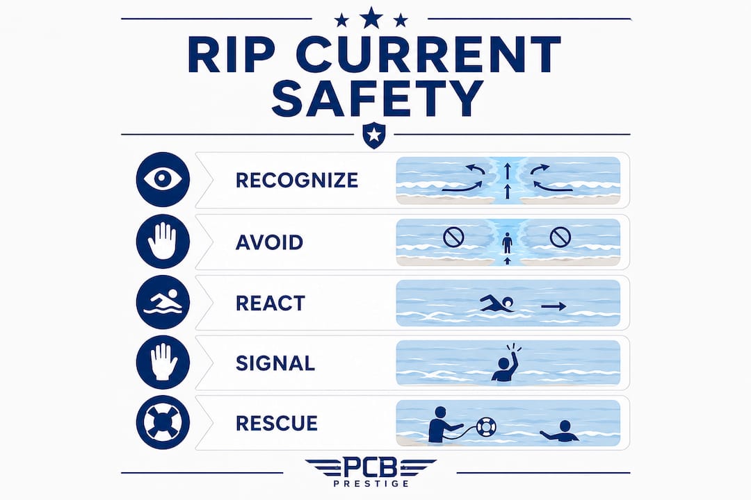 Infographic showing rip current safety steps