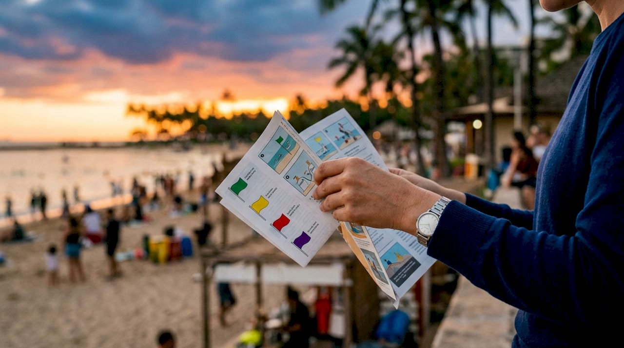 Hand holding beach safety flag brochure