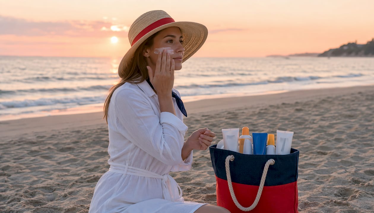Woman applying reef-safe sunscreen at beach