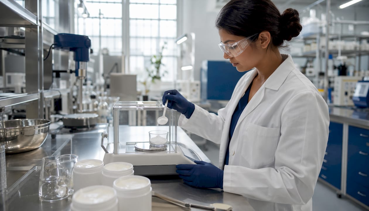 Cosmetic chemist measuring titanium dioxide powder in lab