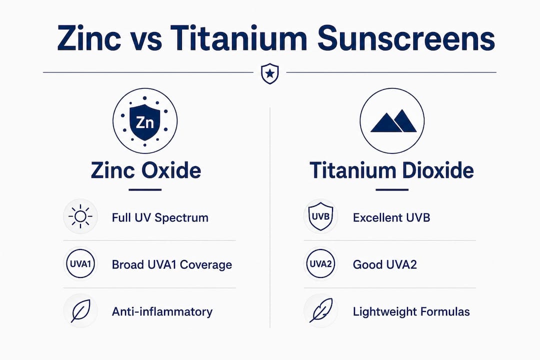 Infographic comparing zinc oxide and titanium dioxide sunscreens