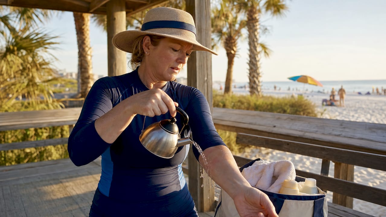 Tourist treating jellyfish sting on beach