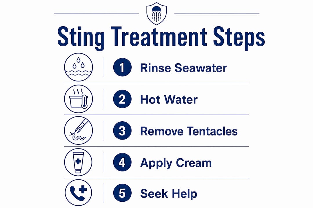 Infographic showing jellyfish sting treatment steps