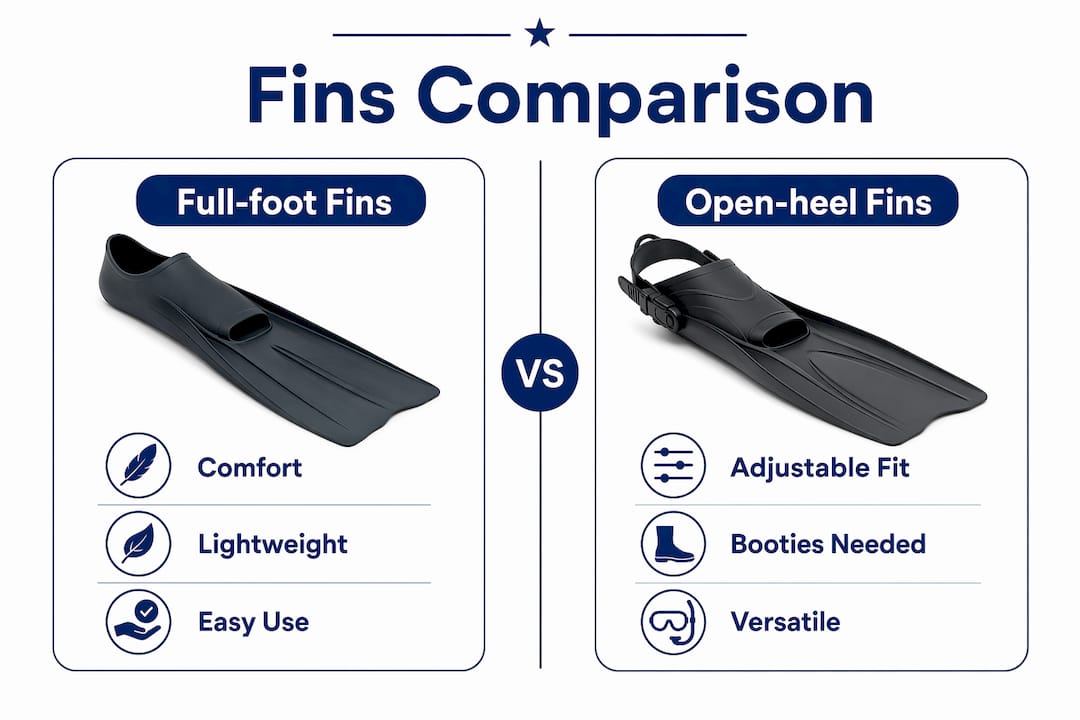 Infographic comparing full-foot and open-heel fins features