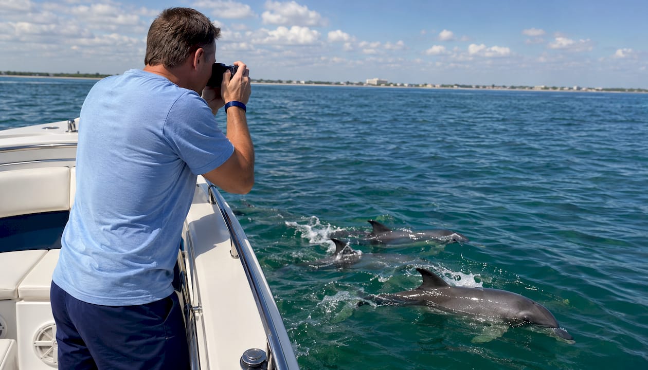 Person photographing dolphin calves near Gulf coast