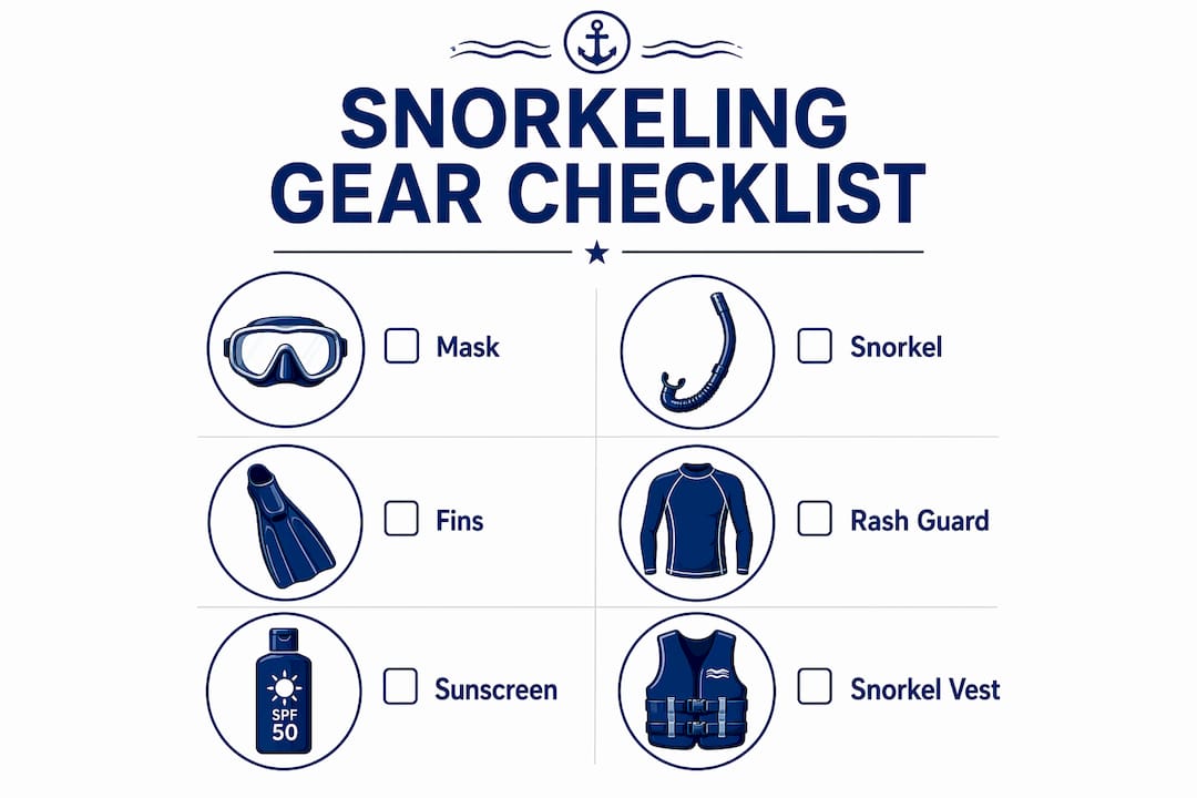 Infographic listing essential snorkeling gear items