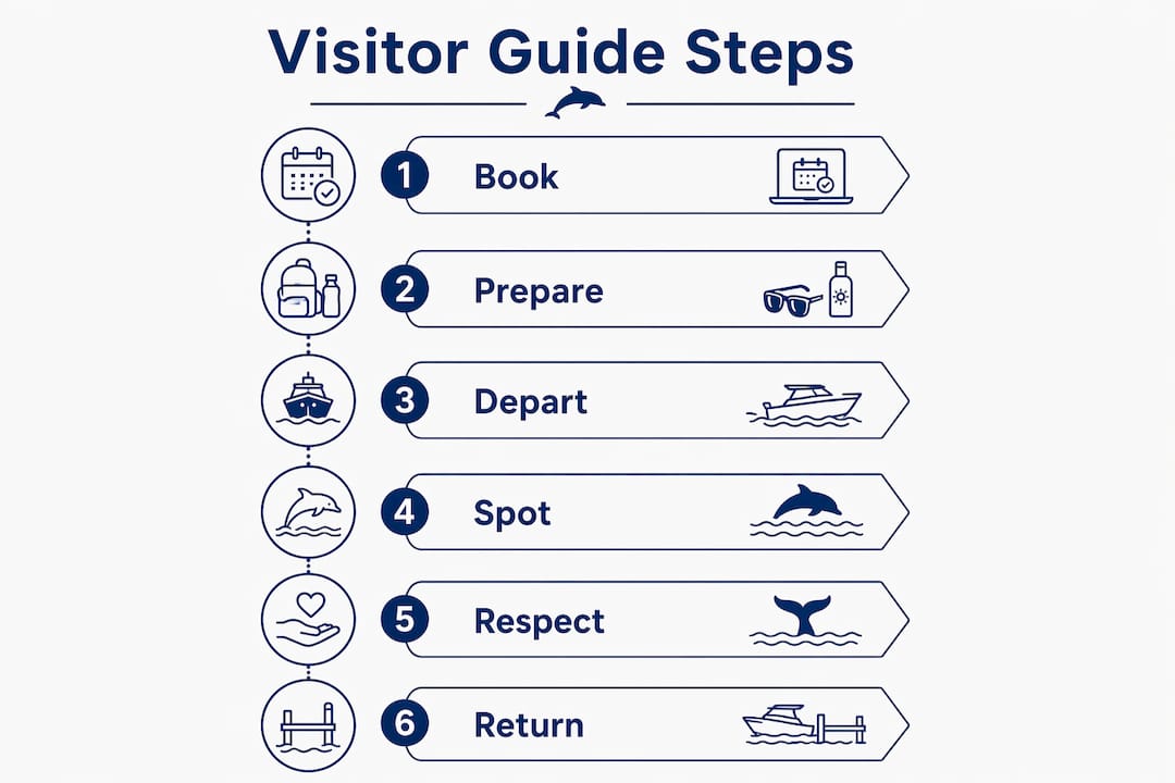 Infographic showing visitor guide steps for dolphin tours