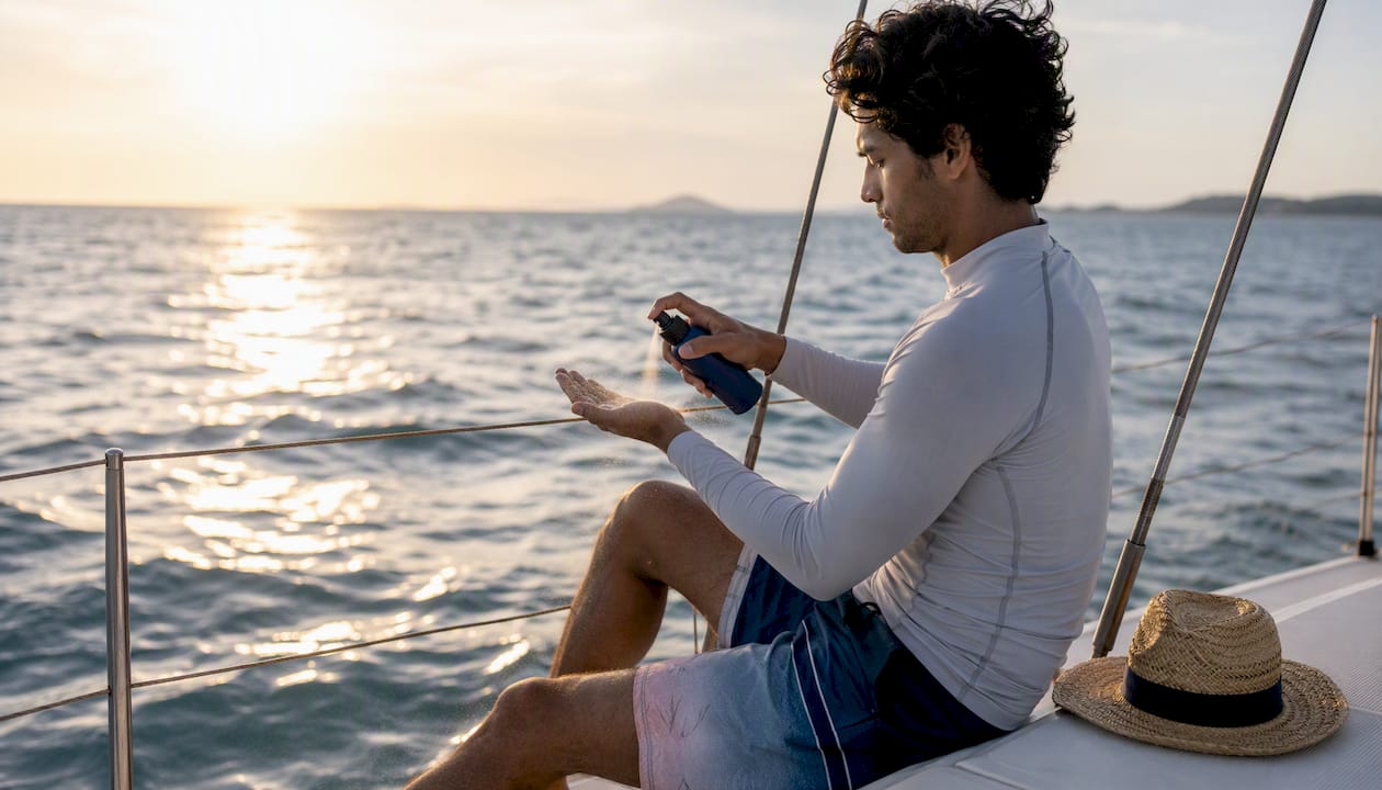 Man spraying sunscreen into palm on boat deck