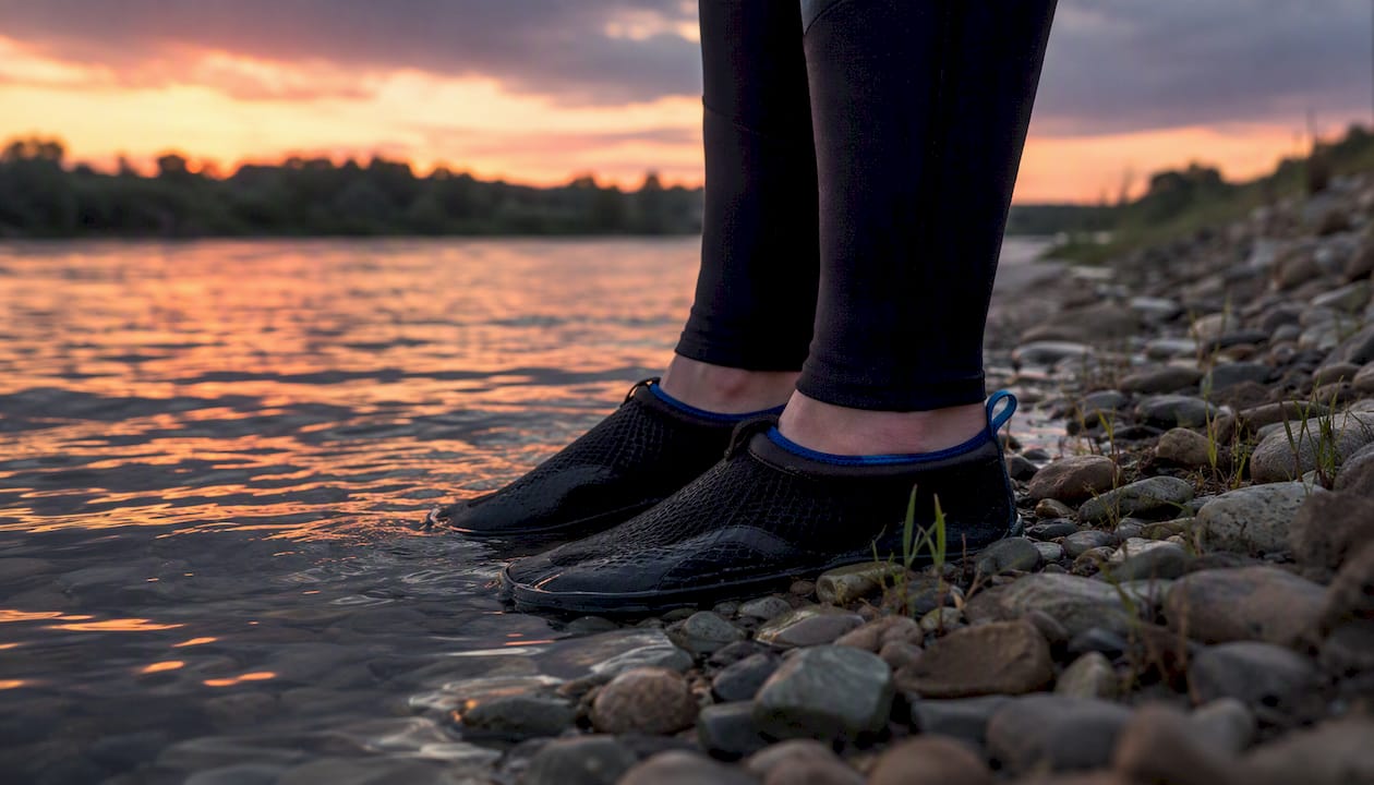 Feet wearing water shoes and neoprene leggings on sand