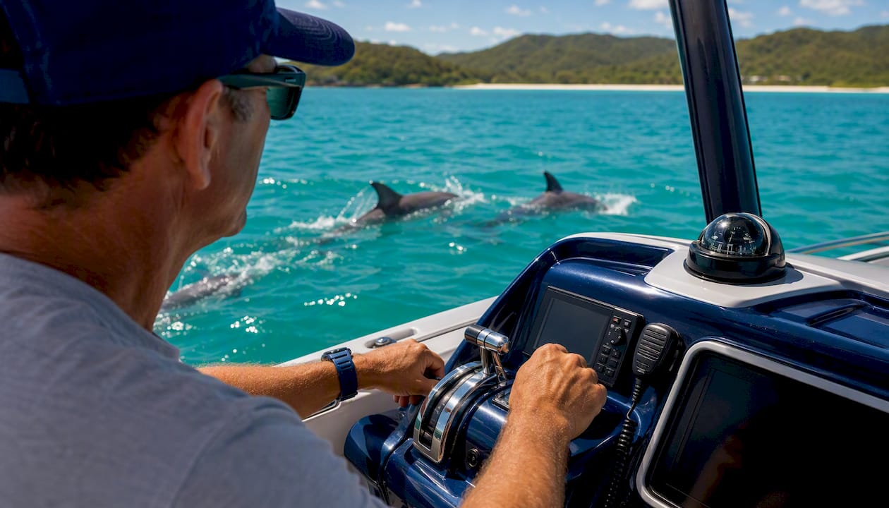 Boat captain navigating near dolphins safely