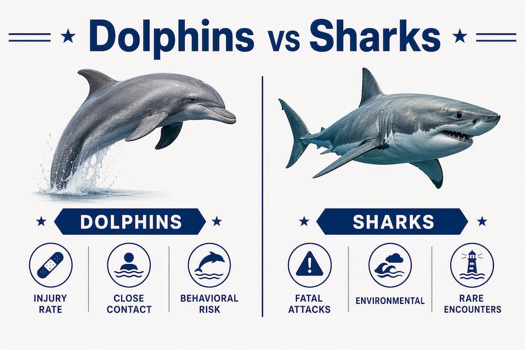 Infographic comparing dolphin and shark risks