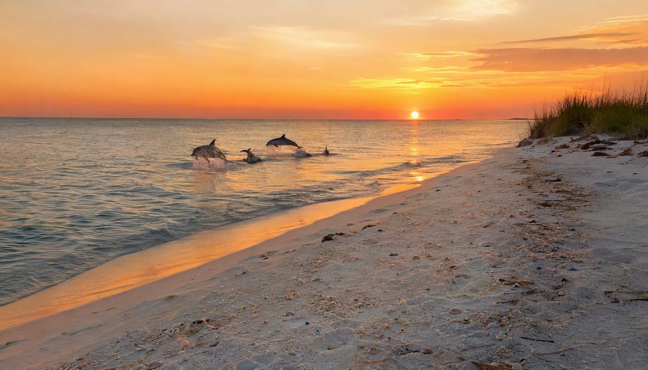Shell Island beach with dolphins near shore