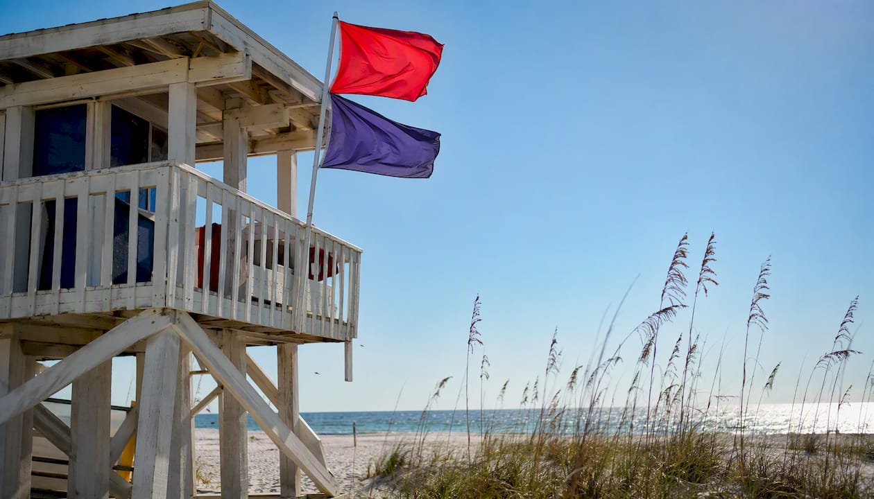 Lifeguard tower displaying beach safety flags