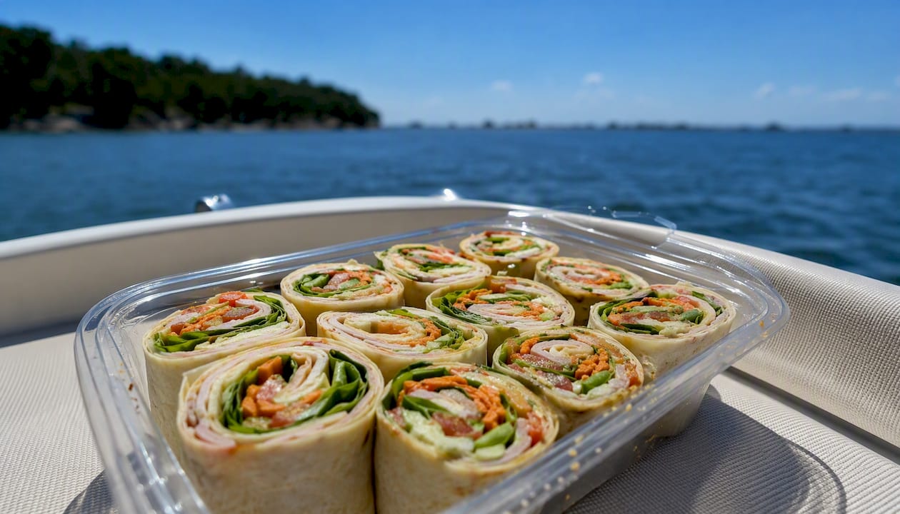 Pinwheel wraps in sealed container on boat
