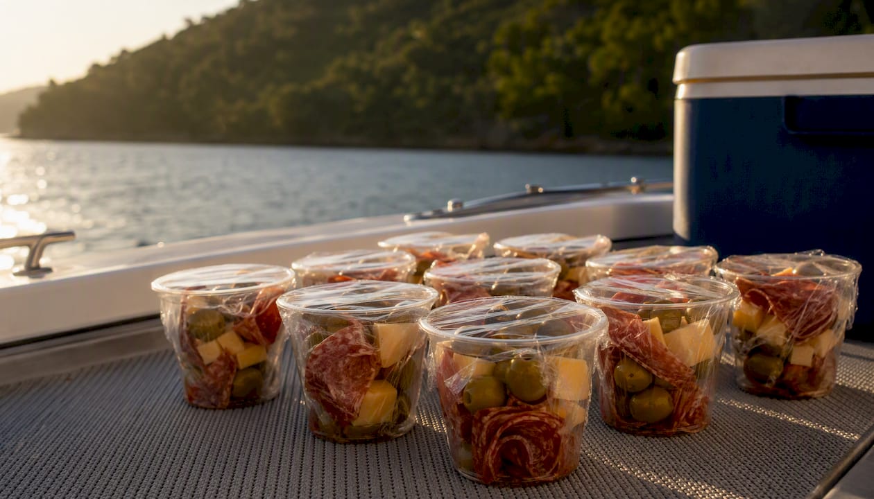 Individual charcuterie cups with salami and cheese