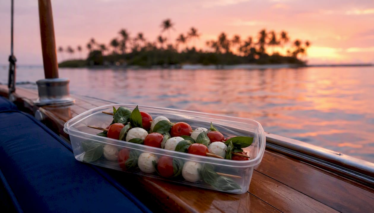 Caprese skewers in sealed container on boat seat