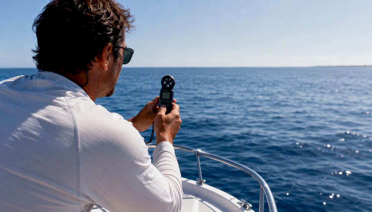 Captain checking wind direction on boat deck