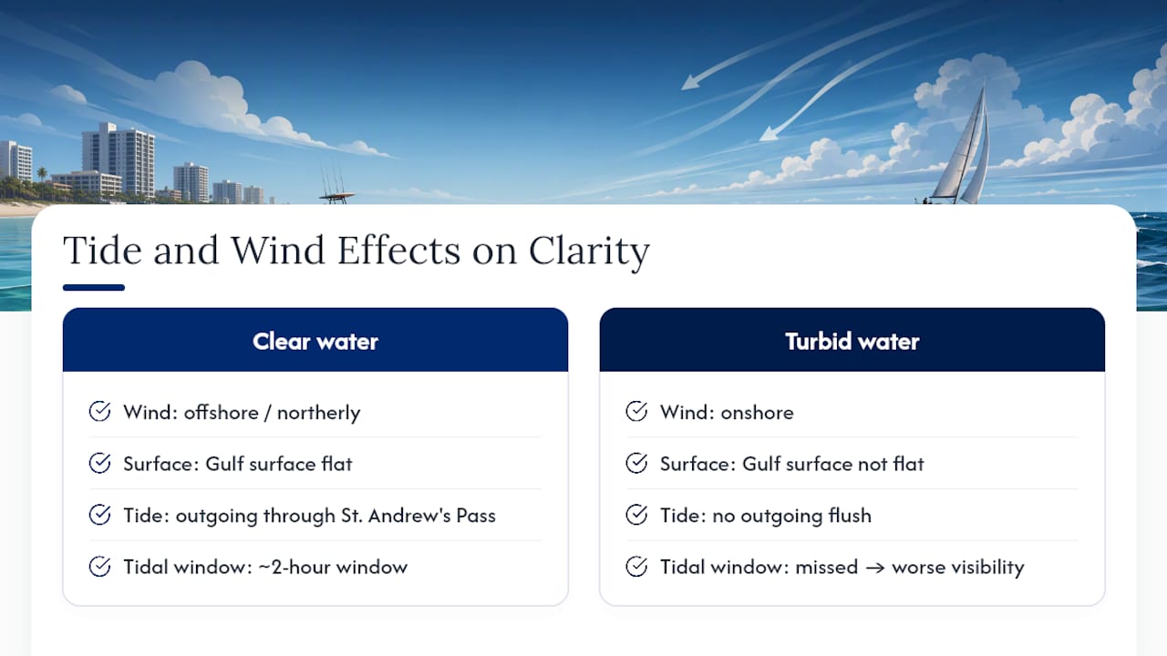 Diagram showing tide and wind effects on water clarity