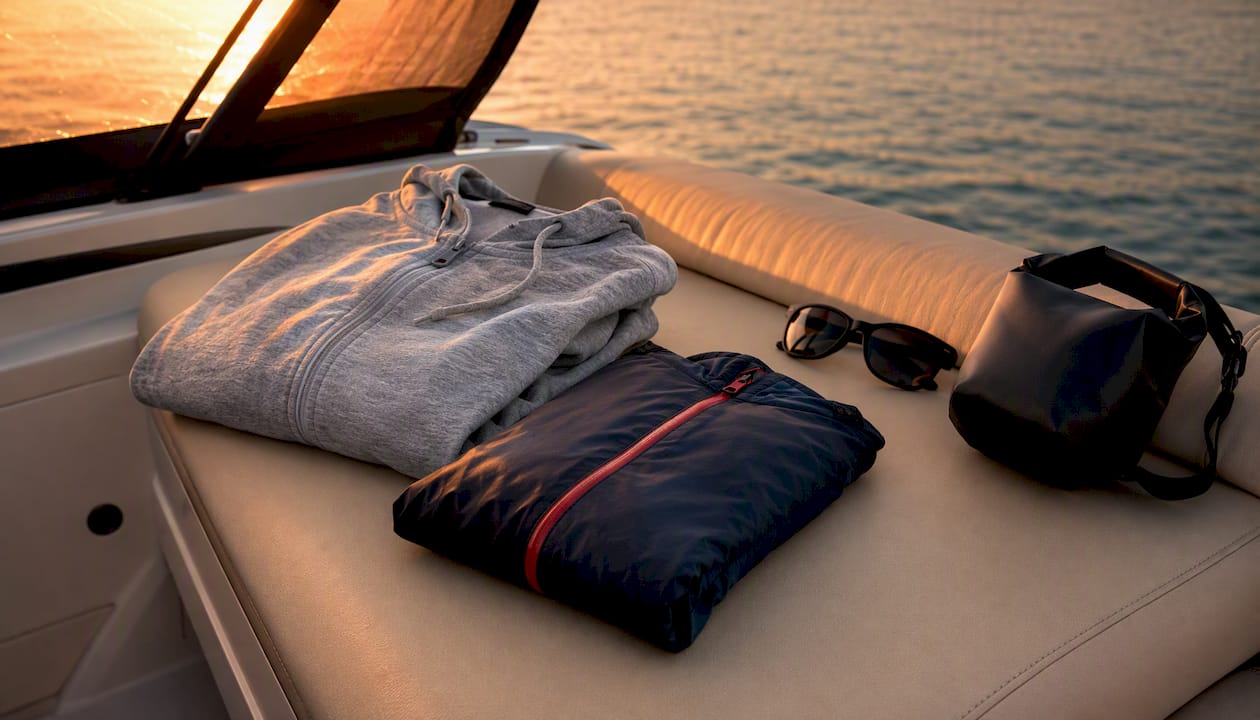 Light layers and accessories on boat bench