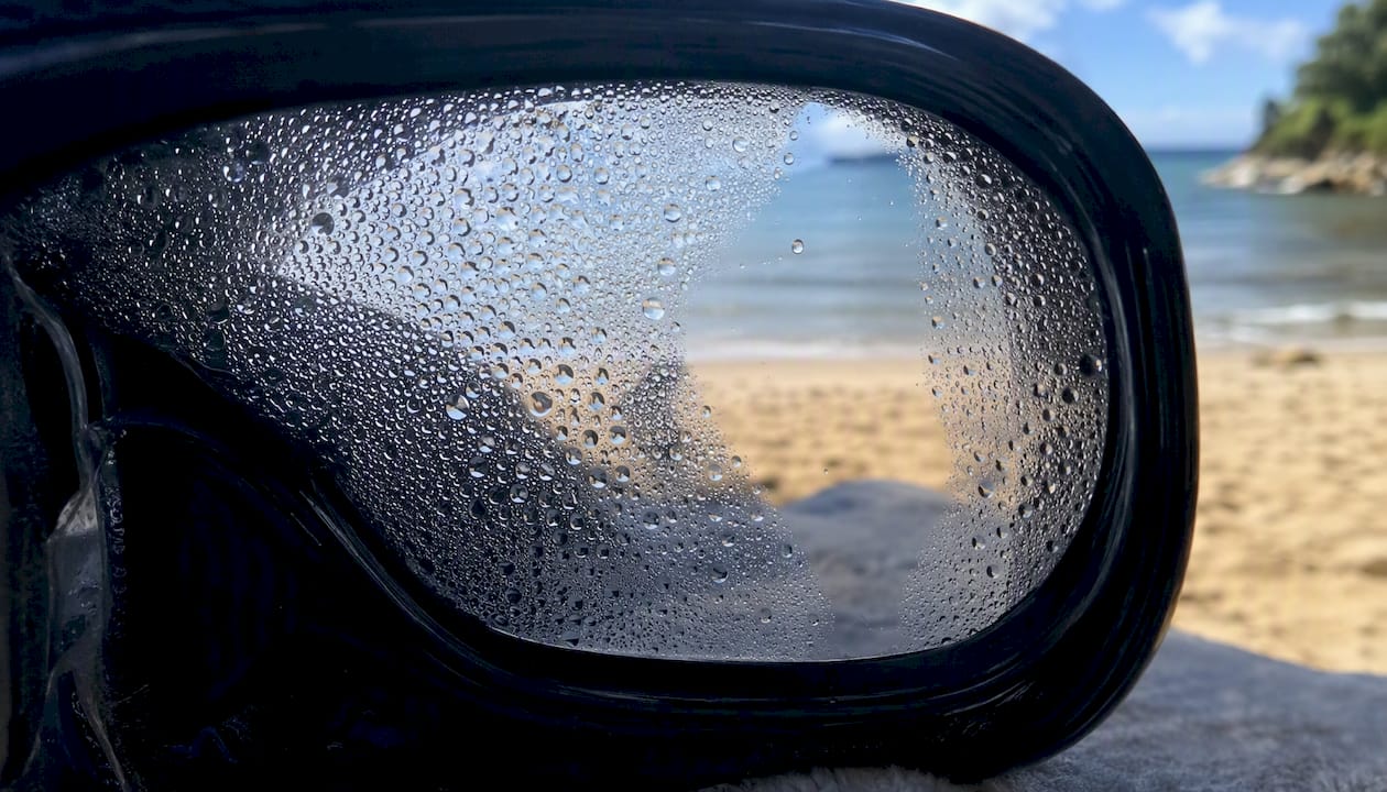 Snorkel mask lens with fog droplets close-up