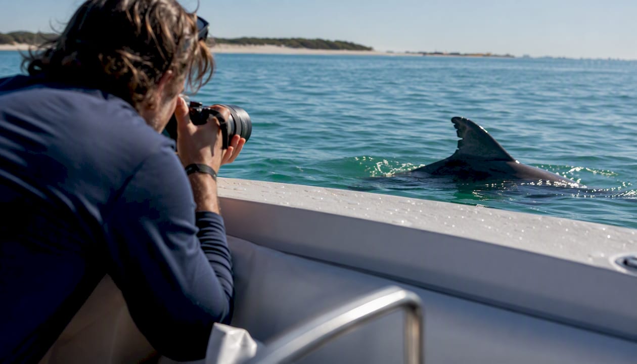 Side-profile dorsal fin of a wild dolphin in clear water