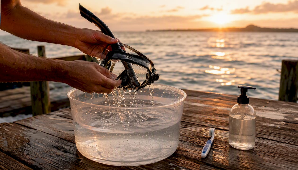 Hands rinsing snorkel mask and snorkel in freshwater bucket