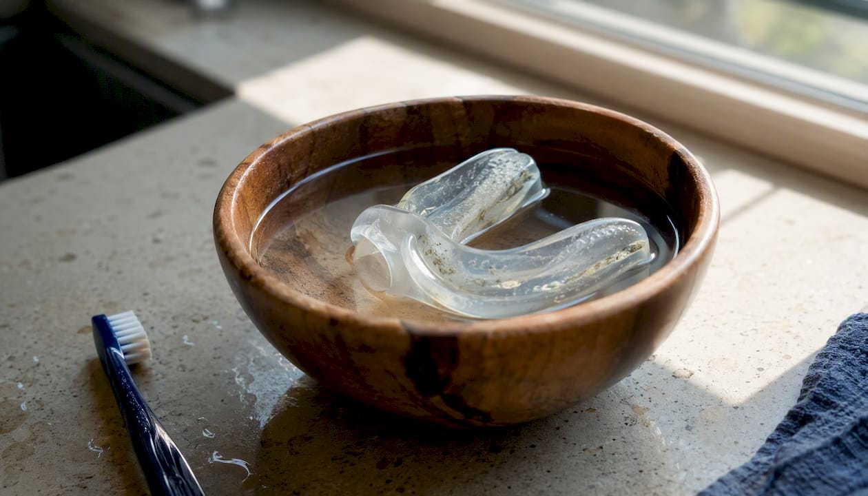 Snorkel mouthpiece soaking in vinegar solution for mold removal