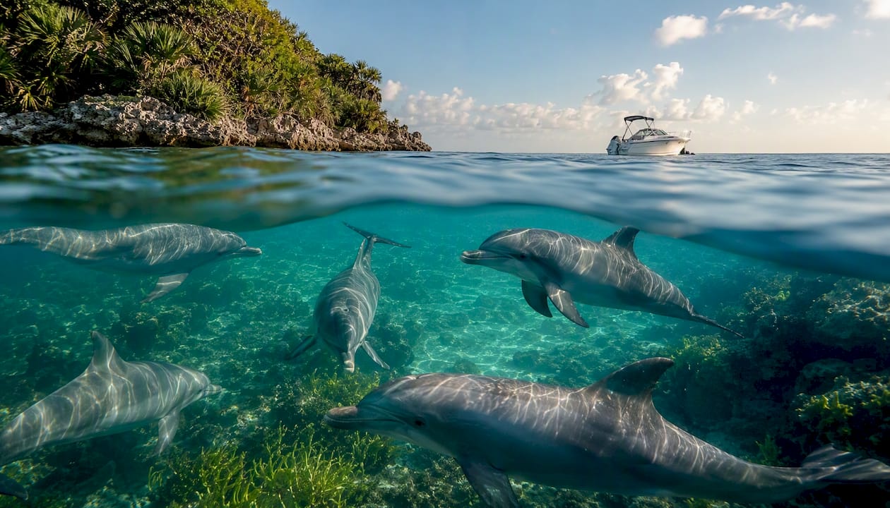 Wild dolphin pod swimming in clear shallow Gulf waters