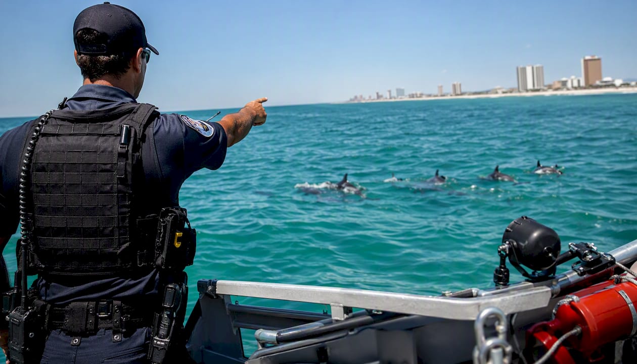 Marine officer observing dolphins from boat