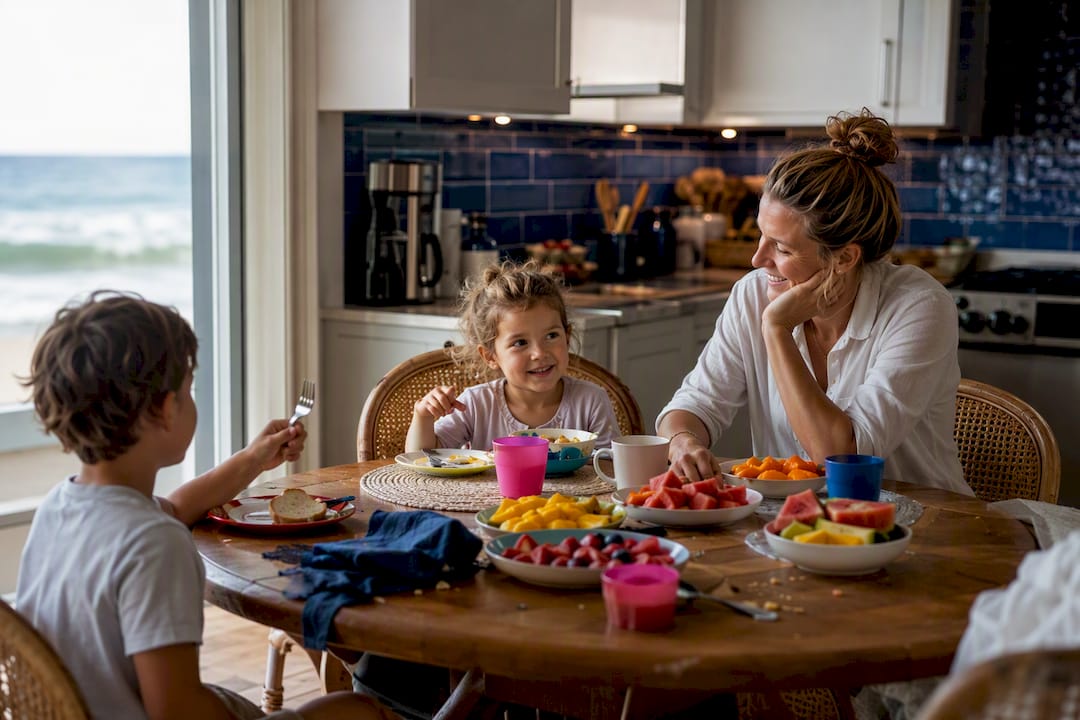 Beach condo kitchen table set for family breakfast