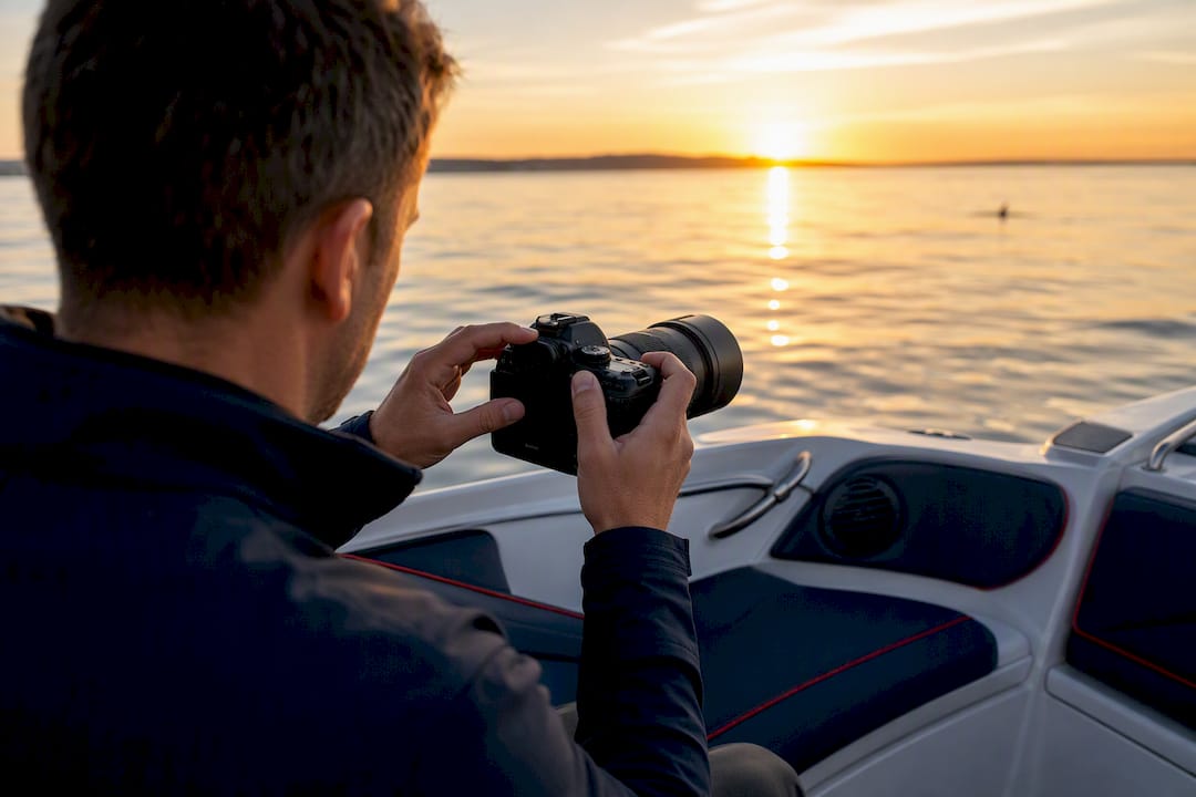 Photographer adjusting camera for sunset dolphin photos