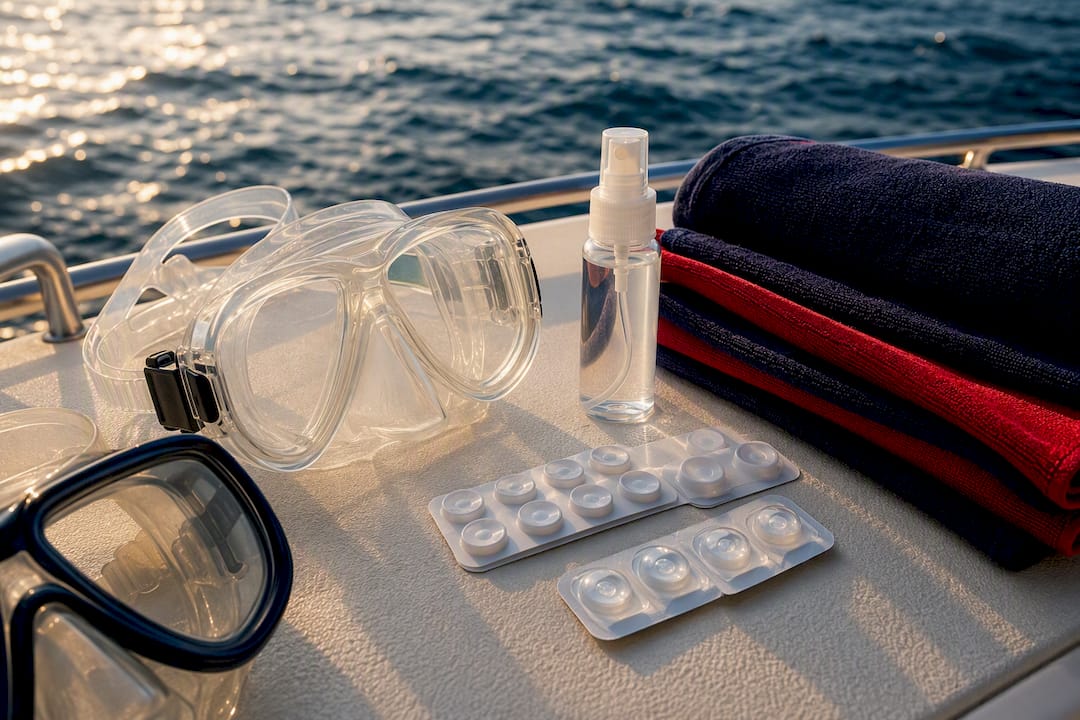 Snorkeling gear including masks and lens packs on boat deck