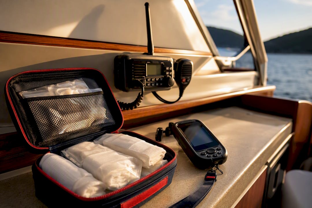 First aid kit and communication devices on tour boat