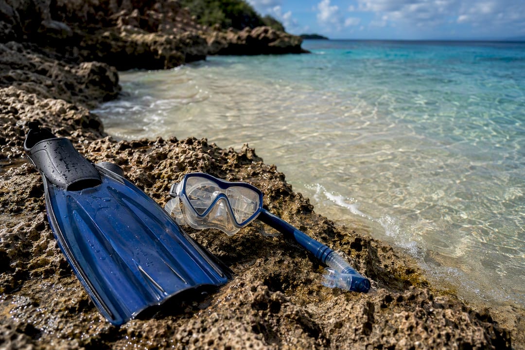 Snorkel gear on beach near water