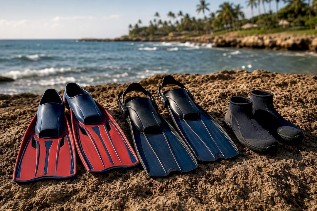 Full-foot and open-heel fins with footwear on beach