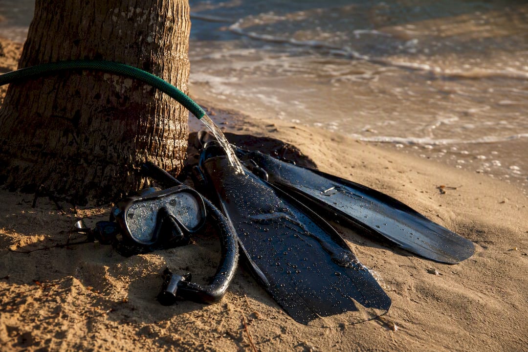 Snorkel mask and fins rinsed and drying outdoors