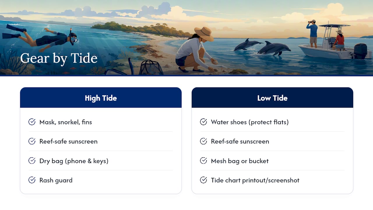Gear recommendations chart for tide-dependent activities