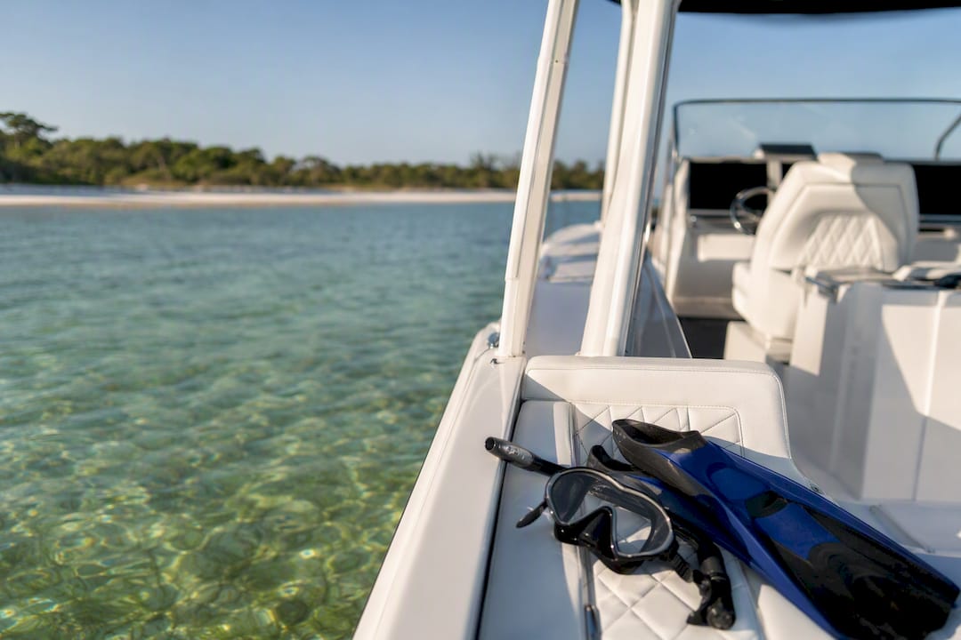 Private snorkeling boat near Shell Island shoreline