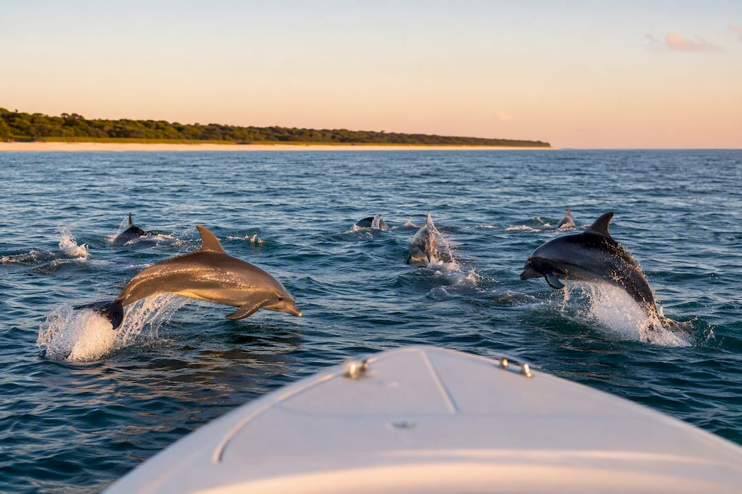Pod of dolphins surfacing at morning tide