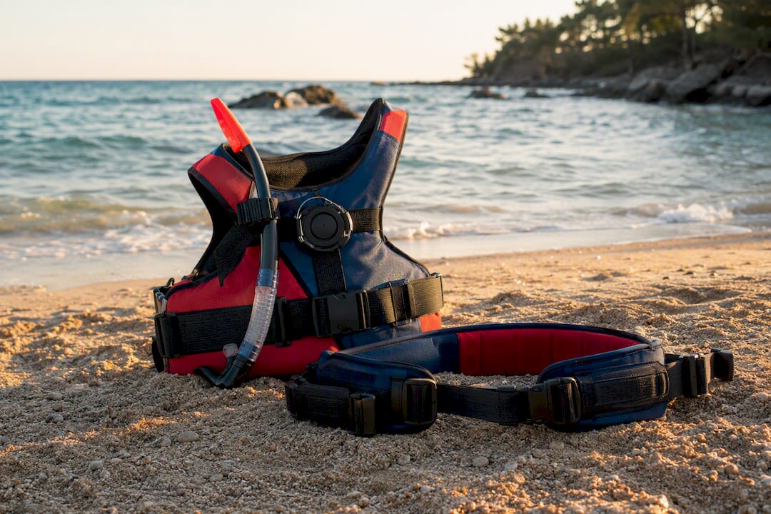 Snorkel vest and flotation belt on sandy shore