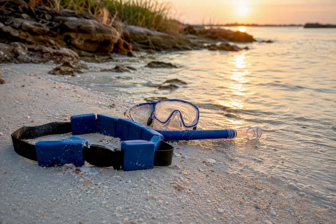 Snorkeling gear floating on shallow coastal water