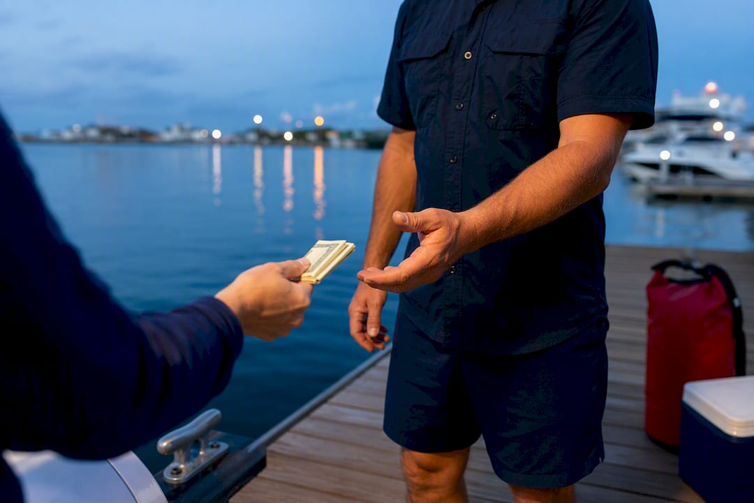 Guest handing cash tip to boat captain