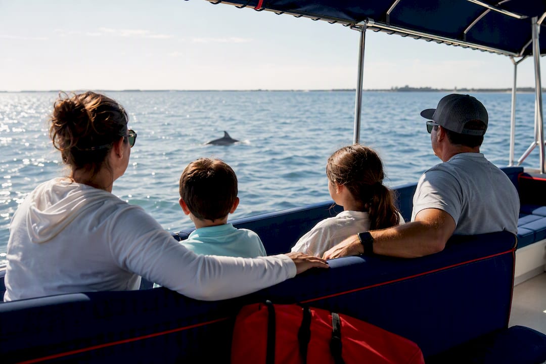 Family watching dolphins from a dry charter boat